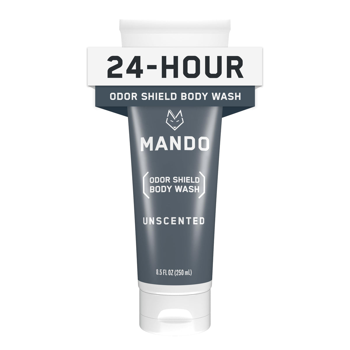 Mando Odor Shield Body Wash bottle, unscented for long-lasting odor control.