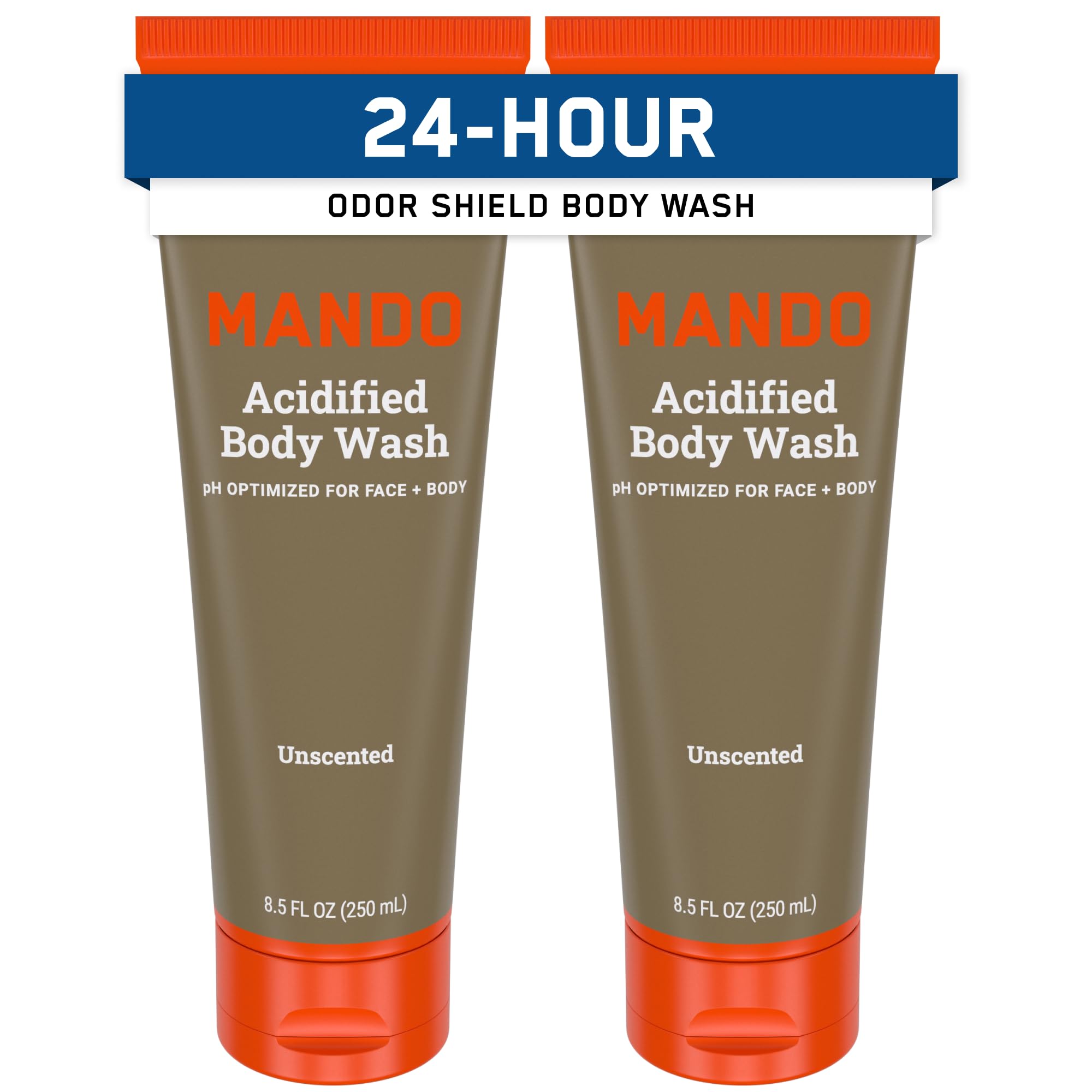 Mando Odor Shield Body Wash – bouteille sans parfum pour une fraîcheur durable après chaque douche.