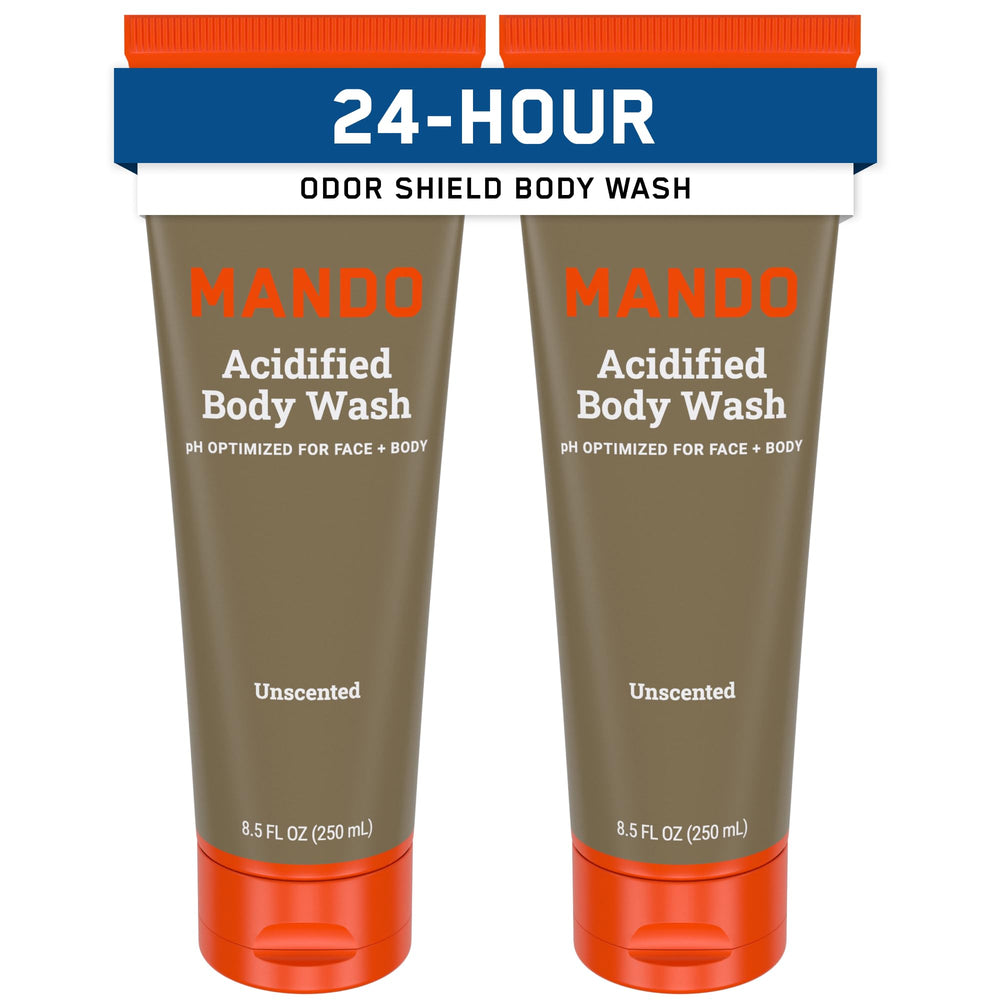 Mando Odor Shield Body Wash – bouteille sans parfum pour une fraîcheur durable après chaque douche.