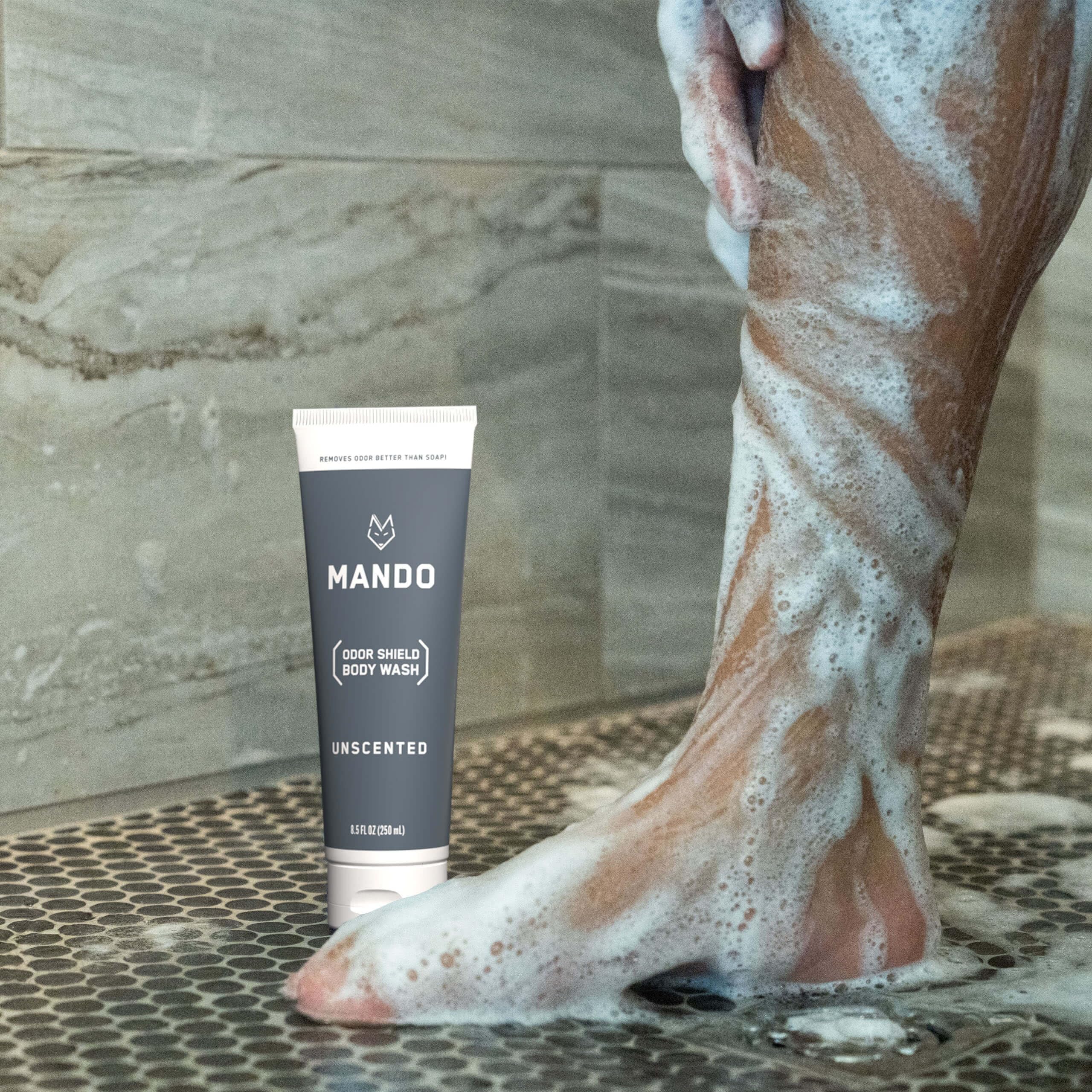 Mando Odor Shield shown with deodorant wipes for complete odor control.
