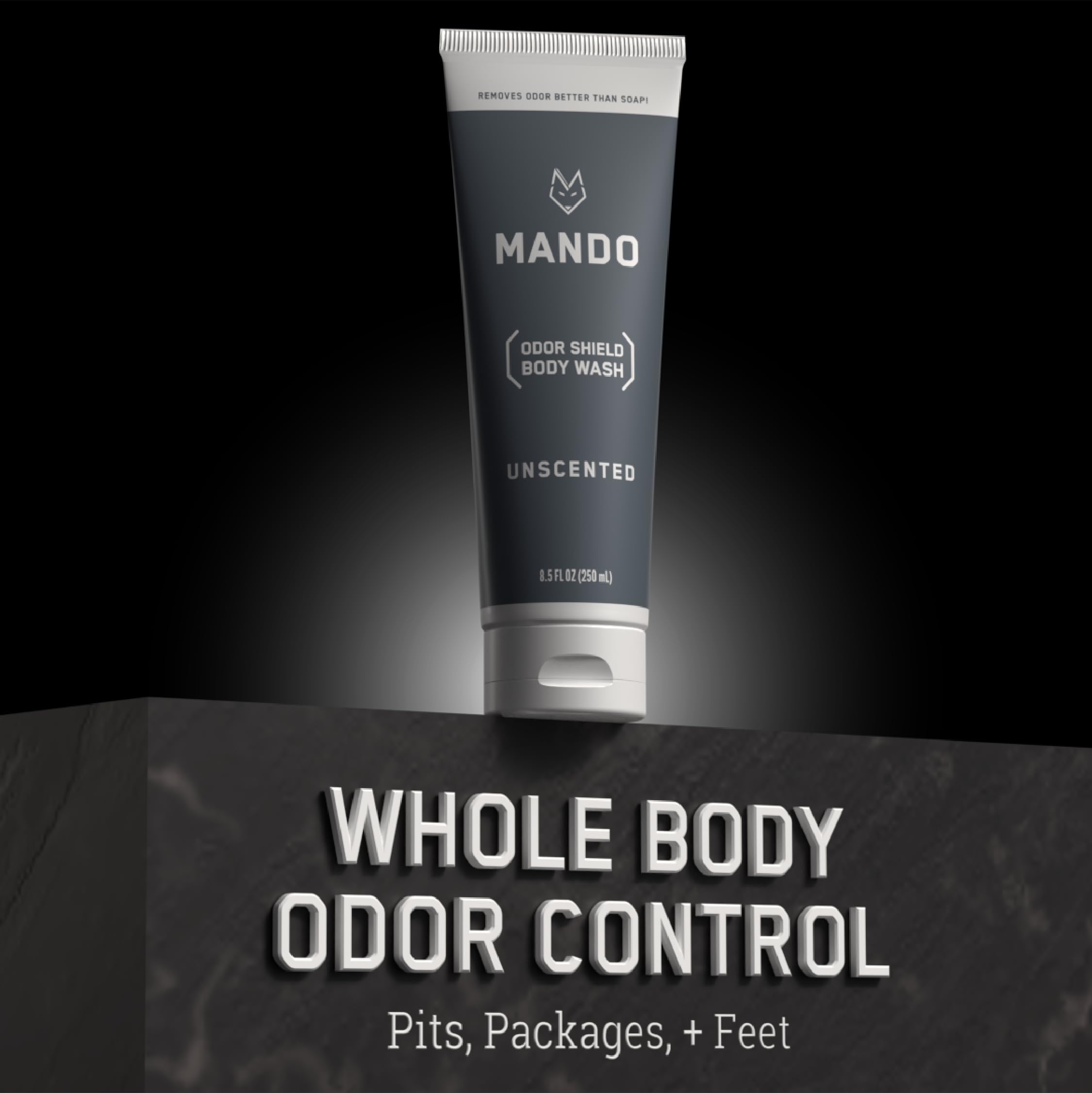 Mando Odor Shield bottle emphasizes SLS/SLES-free formula.