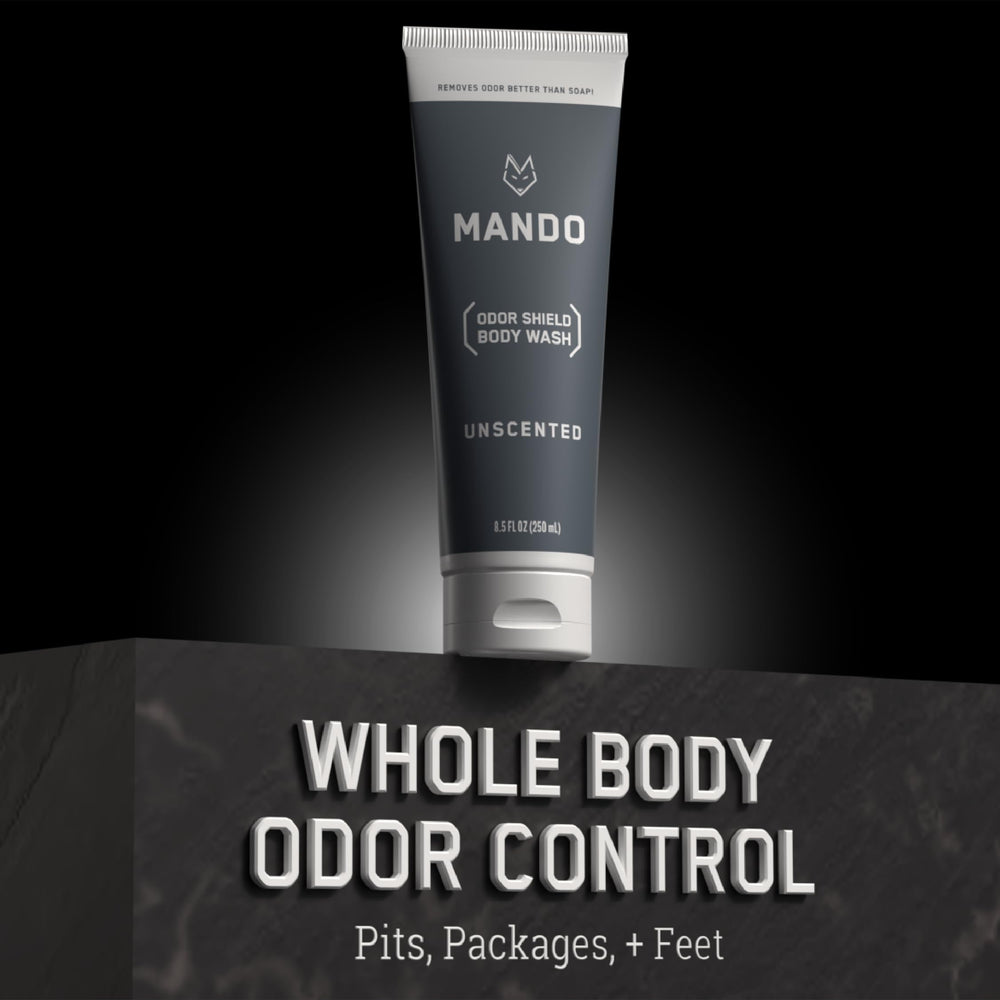 Mando Odor Shield bottle emphasizes SLS/SLES-free formula.