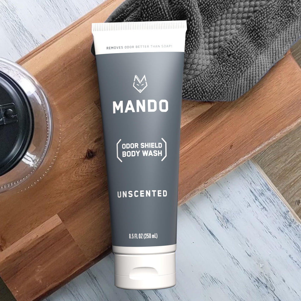 Mando Odor Shield bottle highlights parabens-free, skin-safe design.