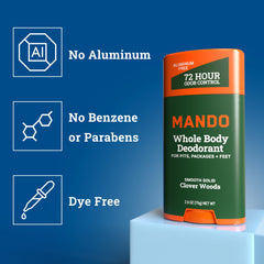Mando Clover Woods parfum frais sans aluminium ni bicarbonate.