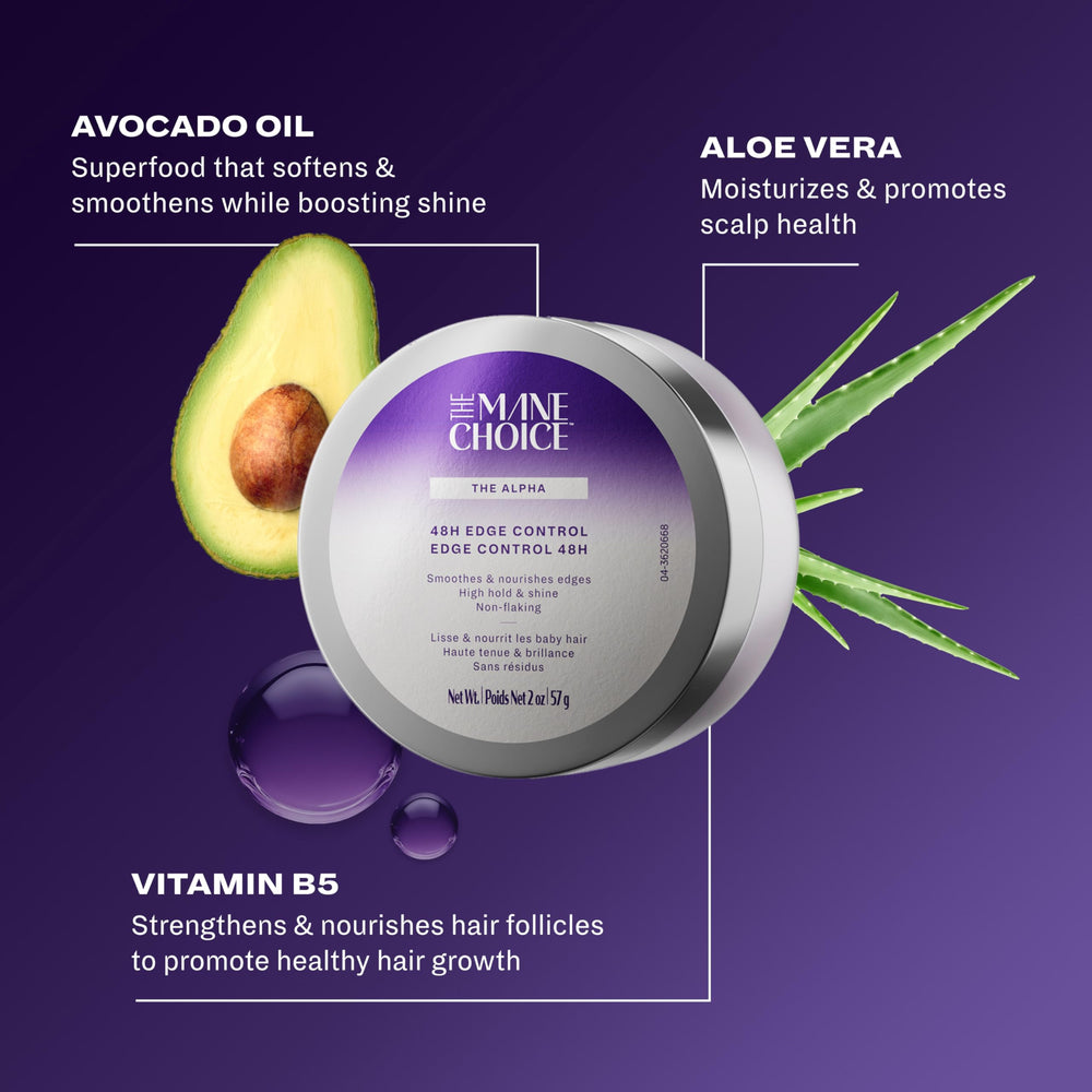 The Mane Choice The Alpha 48H Edge Control – Gel transparent, fini lisse et brillant.