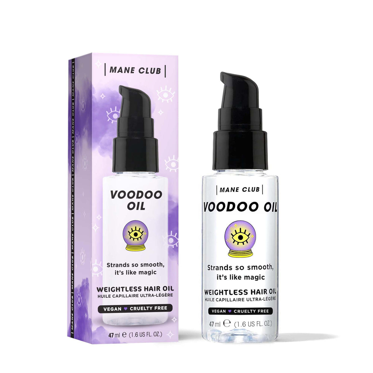 MANE CLUB Huile Voodoo — bouteille prête pour une application sur cheveux soyeux.