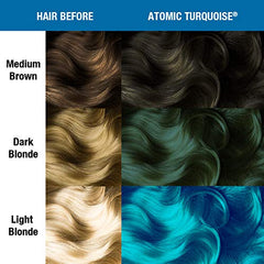 Étiquette du produit Atomic Turquoise, indique les engagements végans et sans cruauté.
