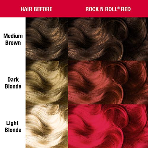 MANIC PANIC Rock N Roll Red – avant/après saisissant sur cheveux éclaircis.