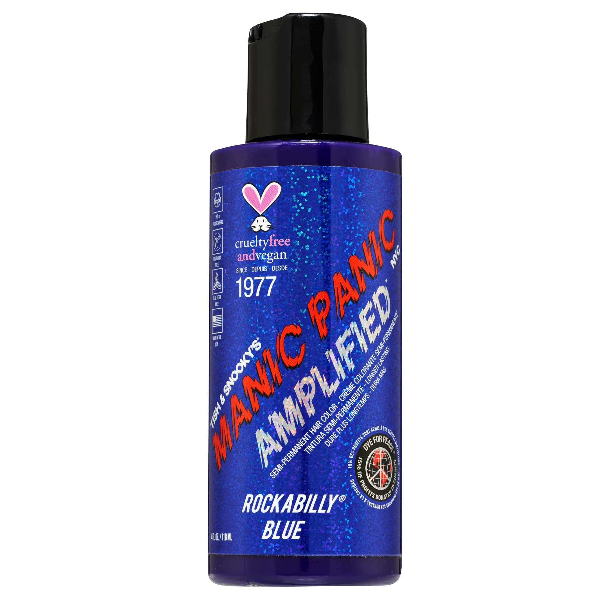 Teinture MANIC PANIC Rockabilly Blue dans une bouteille—couleur bleu intense adaptée aux cheveux éclaircis.