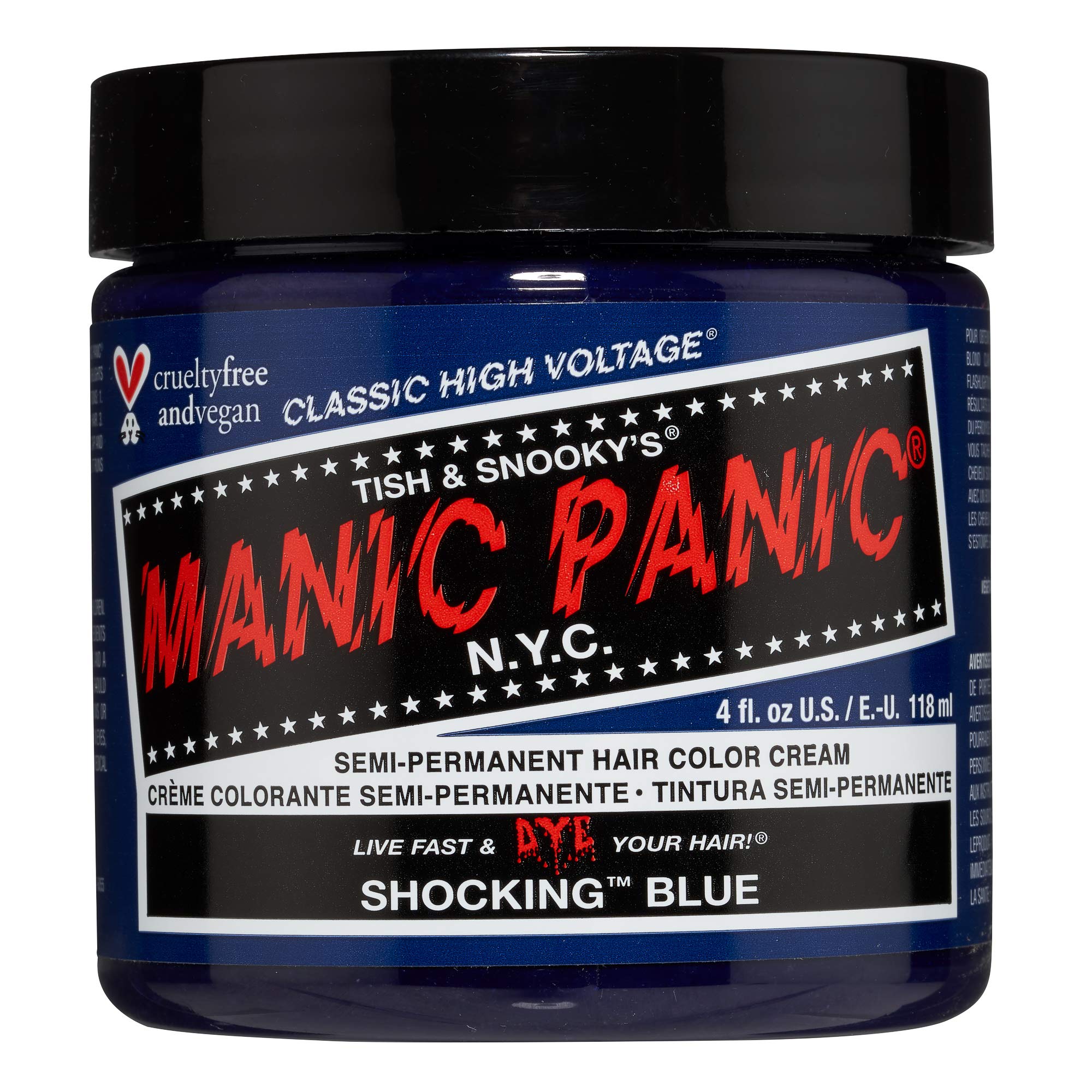 MANIC PANIC Shocking Blue — Bouteille prête à l’emploi pour une couleur bleu cobalt intense et durable.