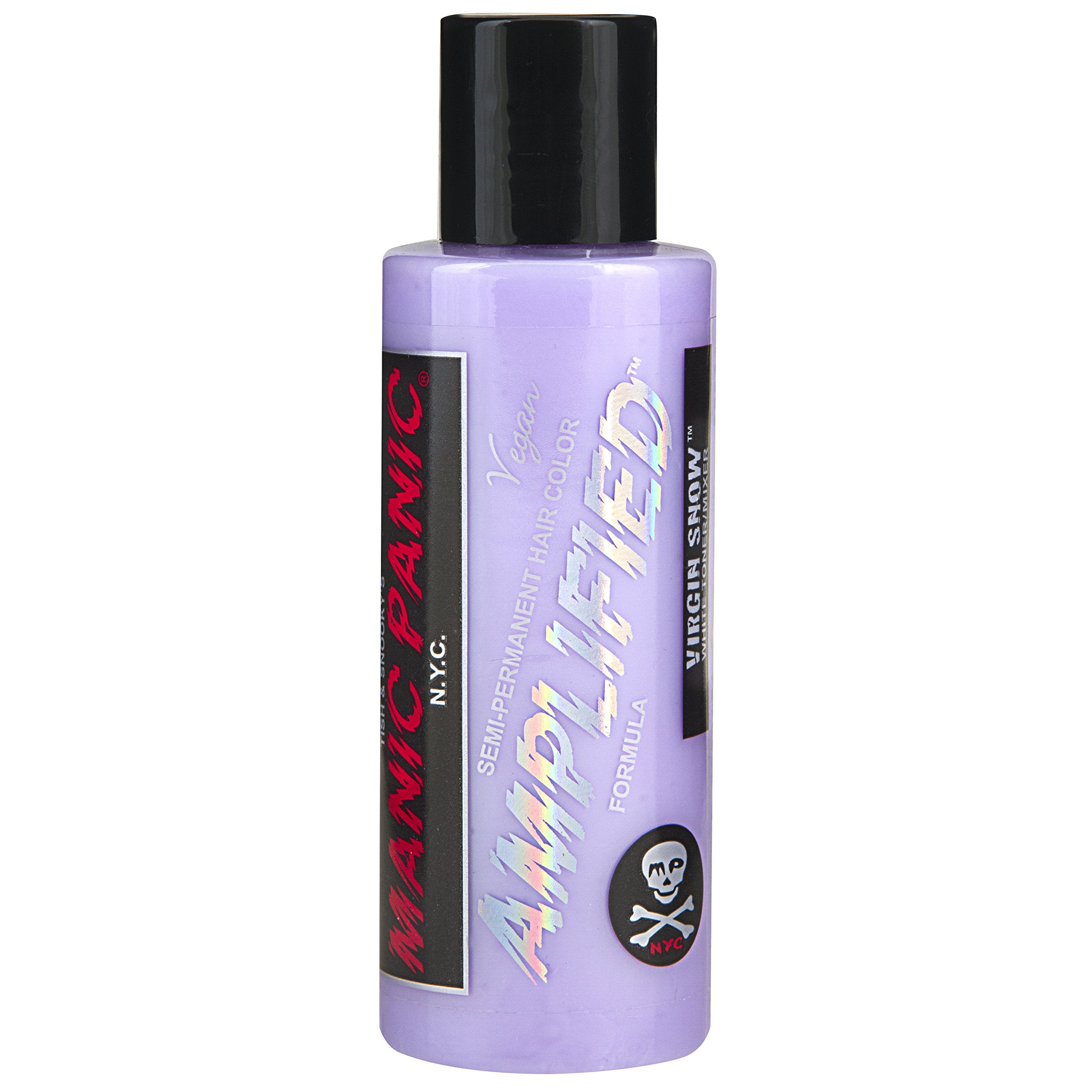 MANIC PANIC Virgin Snow Toner — bouteille bleue neutralise les jaunes sur blondes très claires.