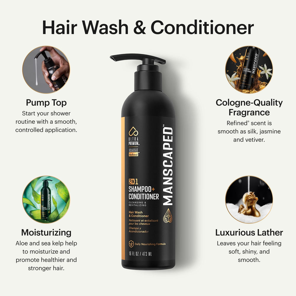 MANSCAPED 2-in-1 shampoo bottle pour shows easy one-step wash.