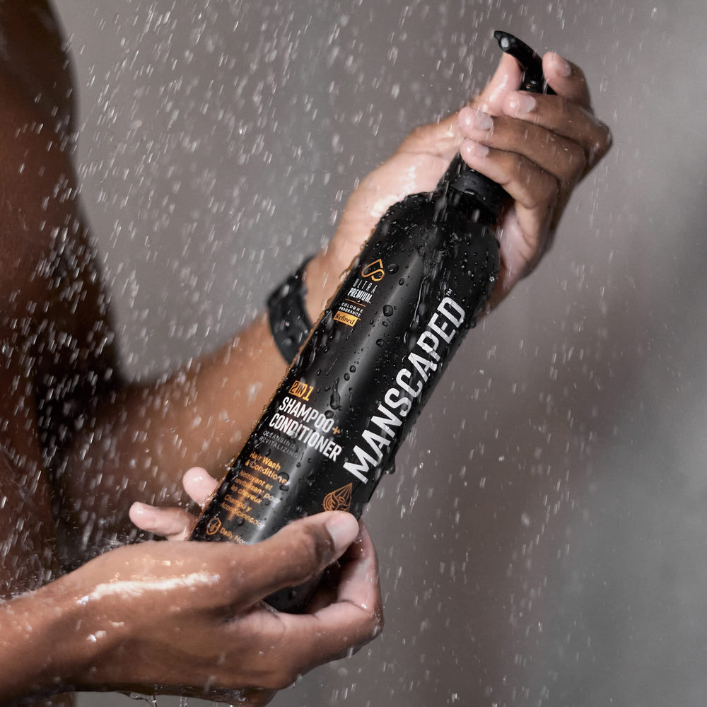 MANSCAPED aluminum bottle packaging shown as eco-friendly choice.