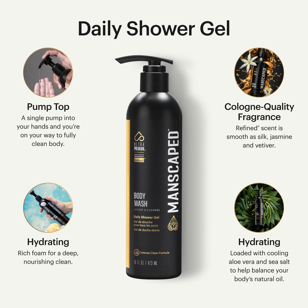 MANSCAPED UltraPremium Body Wash label close-up showing Aloe Vera and Sea Salt benefits