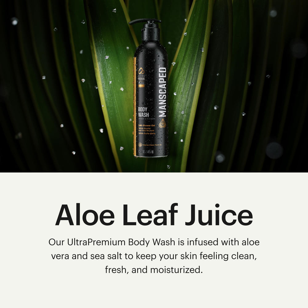 MANSCAPED UltraPremium Body Wash liquid pour highlighting refreshing, smooth lather