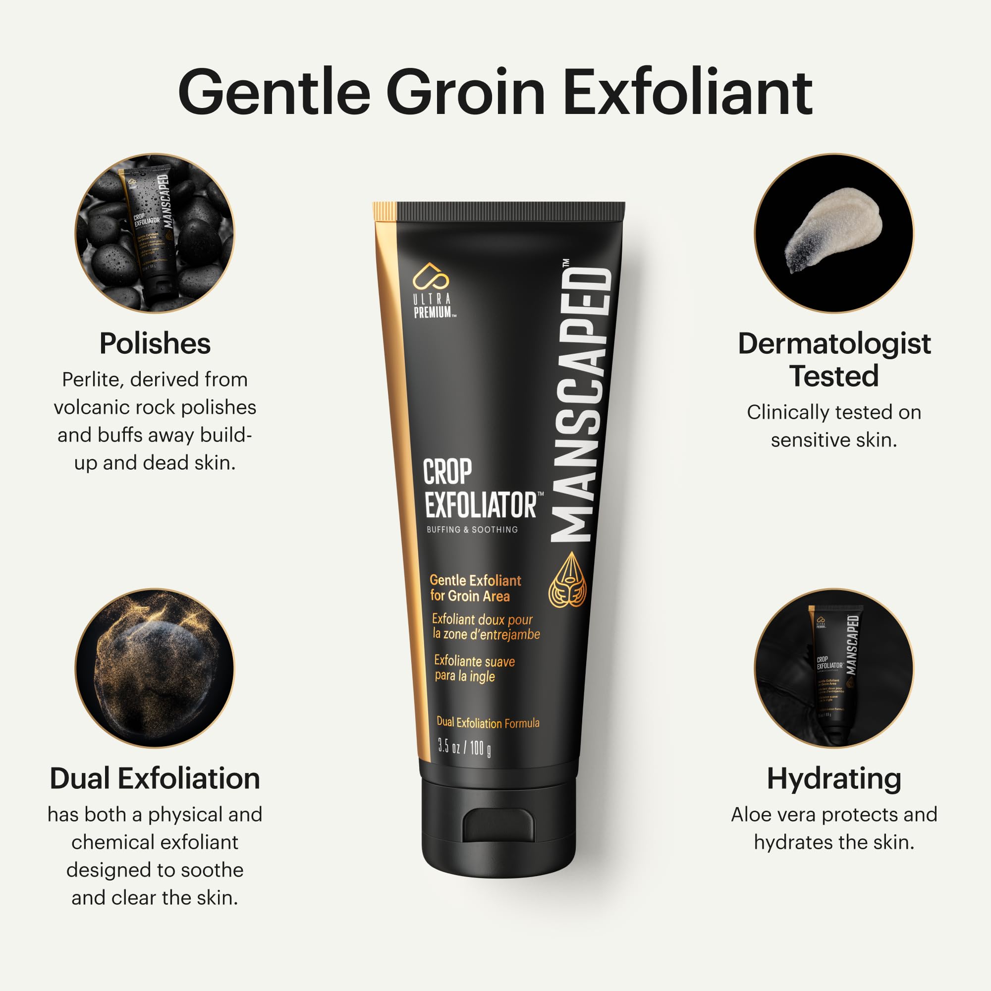 Exfoliant MANSCAPED bouteille-format 3-5 oz prêt pour usage.