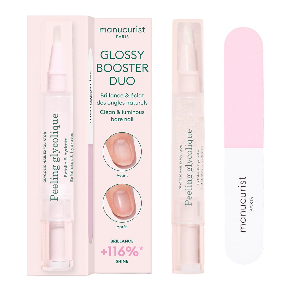 Manucurist Glossy Booster gommage glycolique : exfolie en douceur pour des ongles lisses.