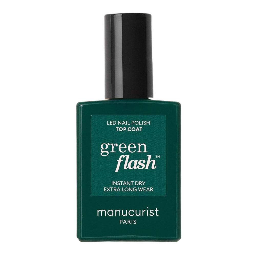 Manucurist Green Flash Top Coat sur bouteille LED, brillance durable jusqu’à 10 jours.