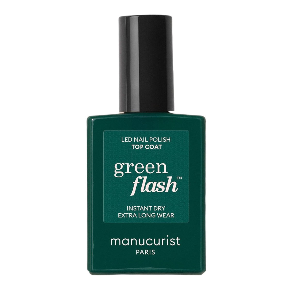 Manucurist Green Flash Top Coat sur bouteille LED, brillance durable jusqu’à 10 jours.