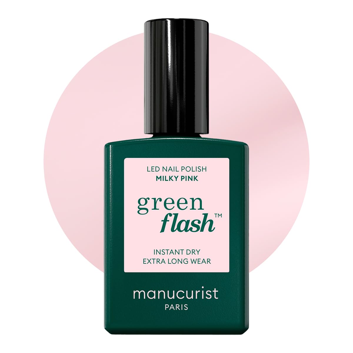 Manucurist Green Flash Milky Pink, bouteille vernis gel, couleur lumineuse et naturelle.