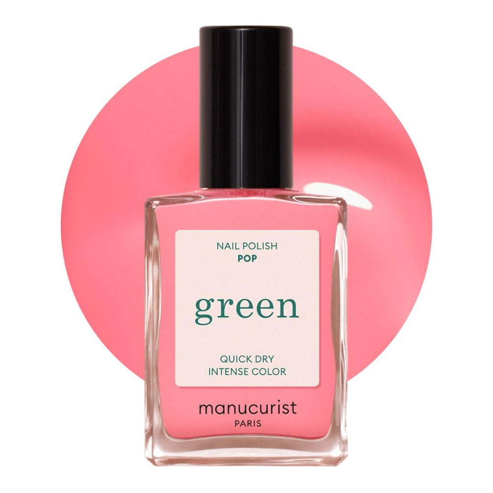 Vernis Manucurist Green Pop sur bouteille rose pastel, éclat longue tenue.