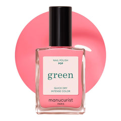 Vernis Manucurist Green Pop sur bouteille rose pastel, éclat longue tenue.