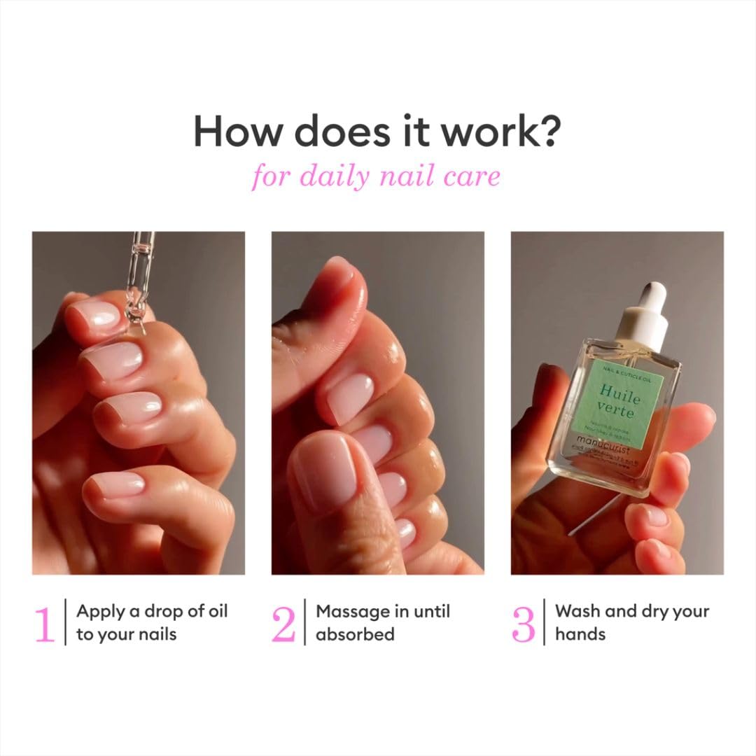 Massage des cuticules avec l’huile Verte Manucurist pour favoriser l’absorption