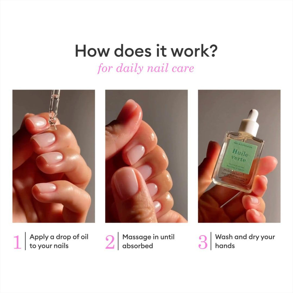 Massage des cuticules avec l’huile Verte Manucurist pour favoriser l’absorption