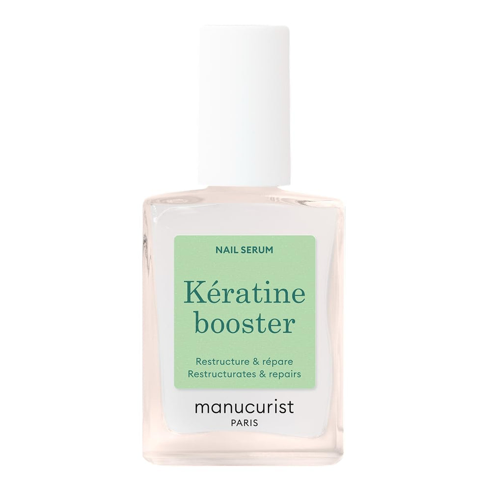 Bouteille du Manucurist Kératine Booster, action fortifiante pour ongles fragiles.