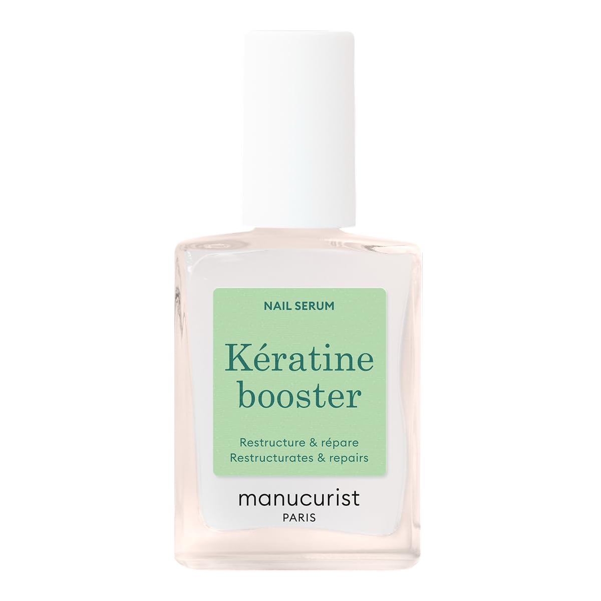 Bouteille du Manucurist Kératine Booster, action fortifiante pour ongles fragiles.