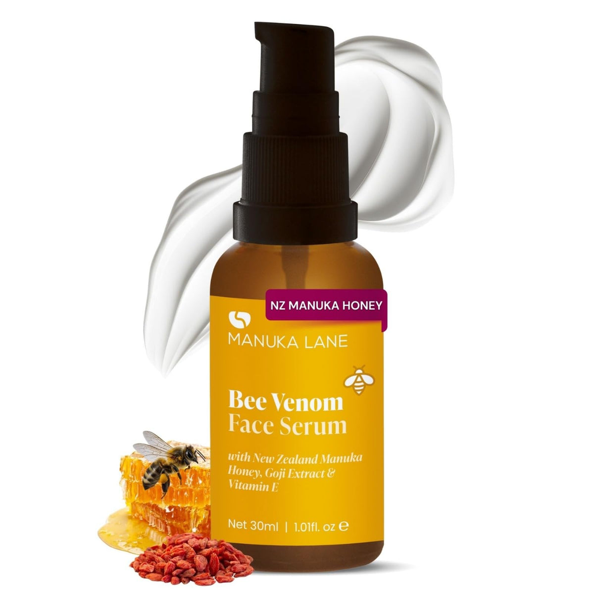 Manuka Lane Sérum Venin Abeille – flacon visage et cou, hydratation légère.