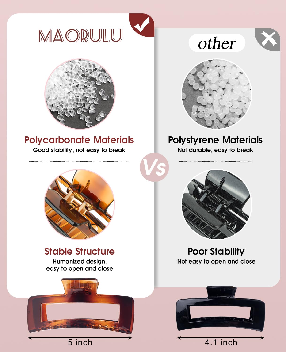 Dimensions MAORULU 5 pouces, grandes pinces pour coiffures volumineuses.