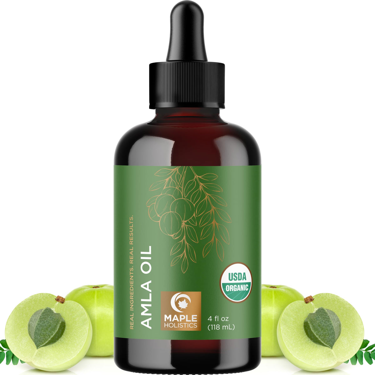 Maple Holistics Amla Oil bottle front highlighting premium organic formula for hair nourishment.