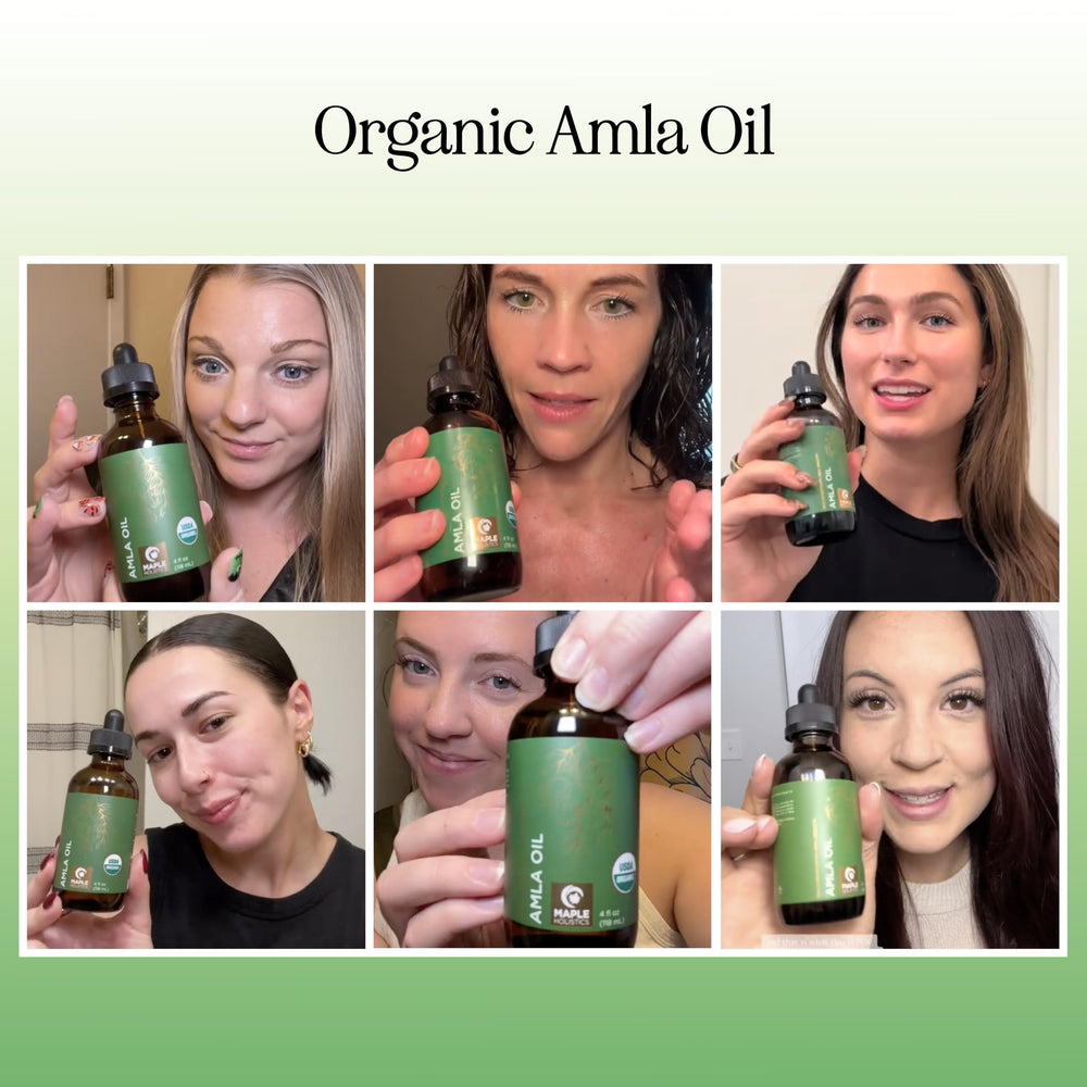 Maple Holistics Amla Oil drops imagery suggesting soothing hydration for dry hair.