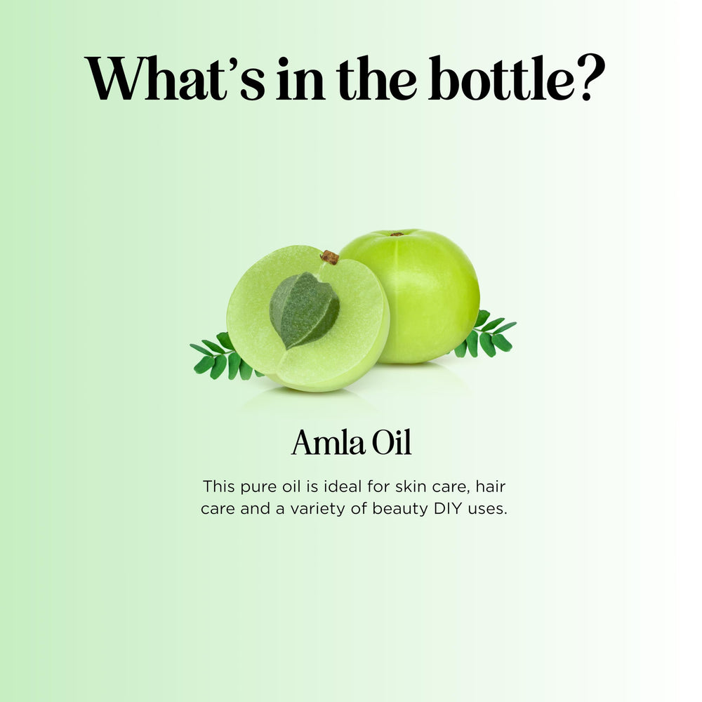 Maple Holistics Amla Oil glass bottle backdrop suggesting premium storage.