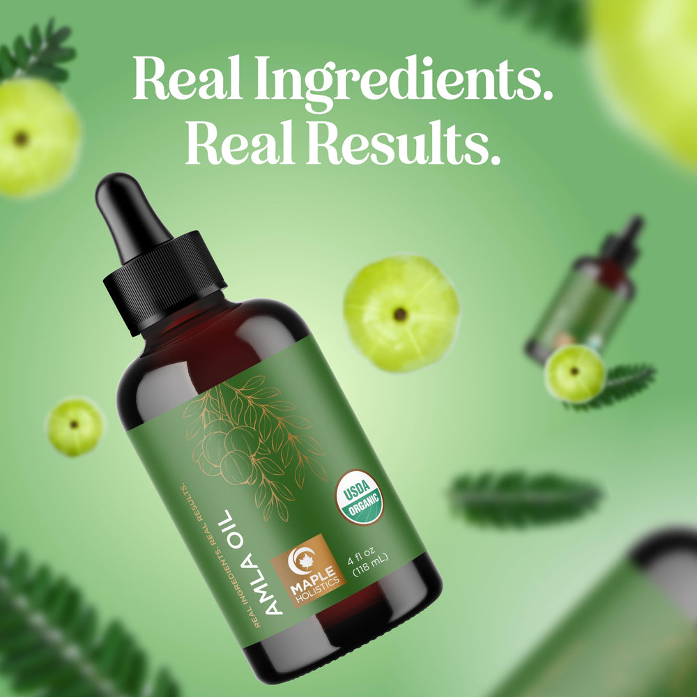 Maple Holistics Amla Oil packaging with eco-friendly branding.
