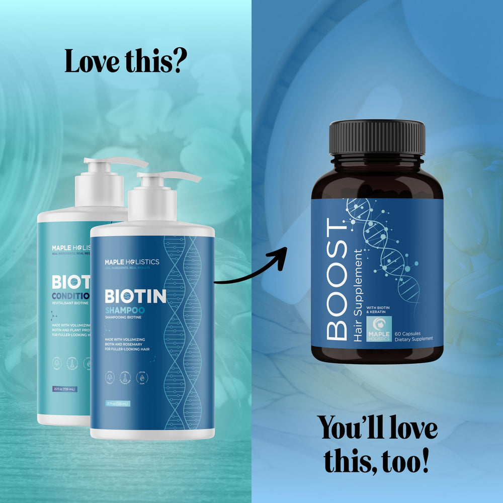Maple Holistics Avant-après cheveux Romarin Biotine, démonstration de texture et volume