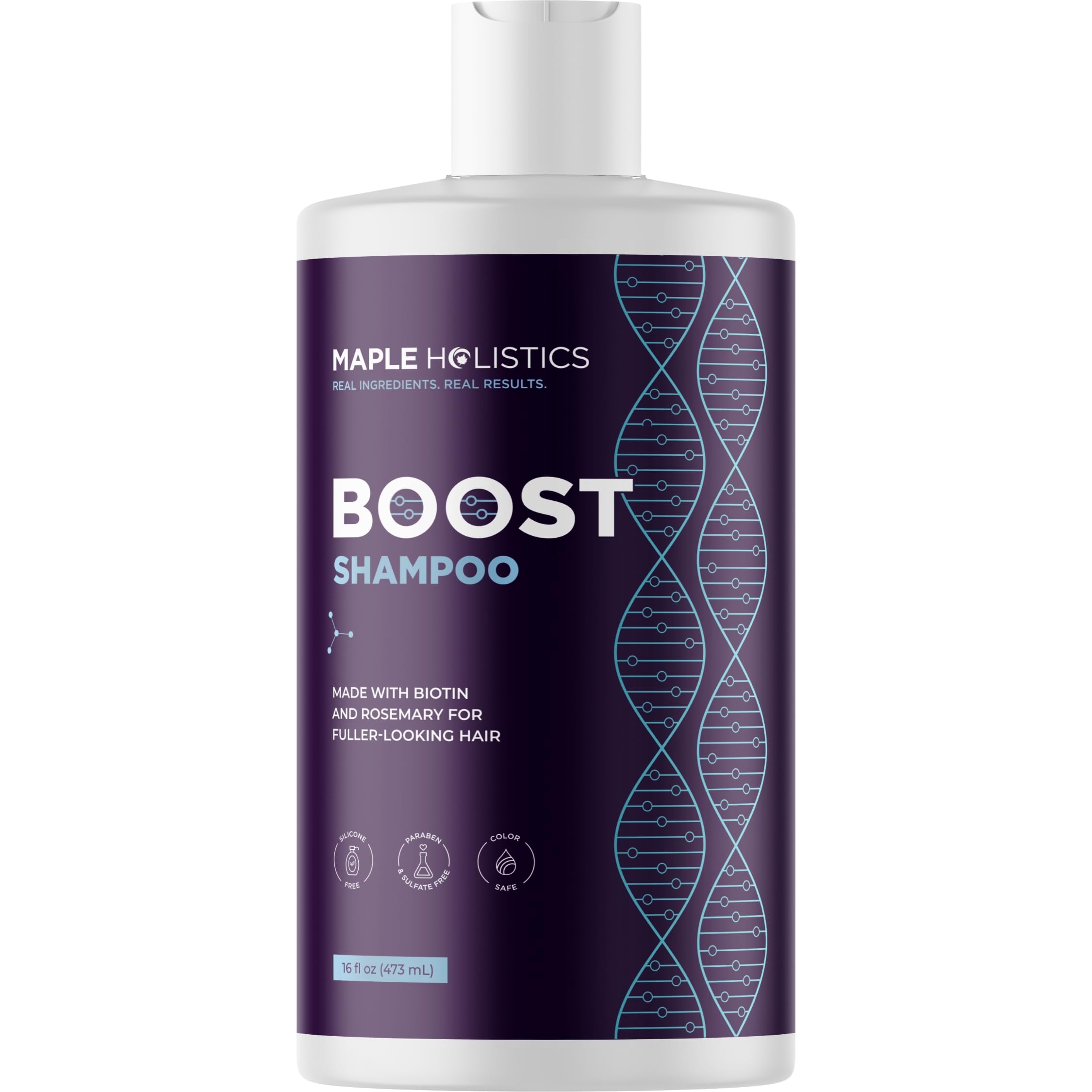 Maple Holistics Shampoing Biotin Romarin, flacon, cheveux volumineux et revitalisés.