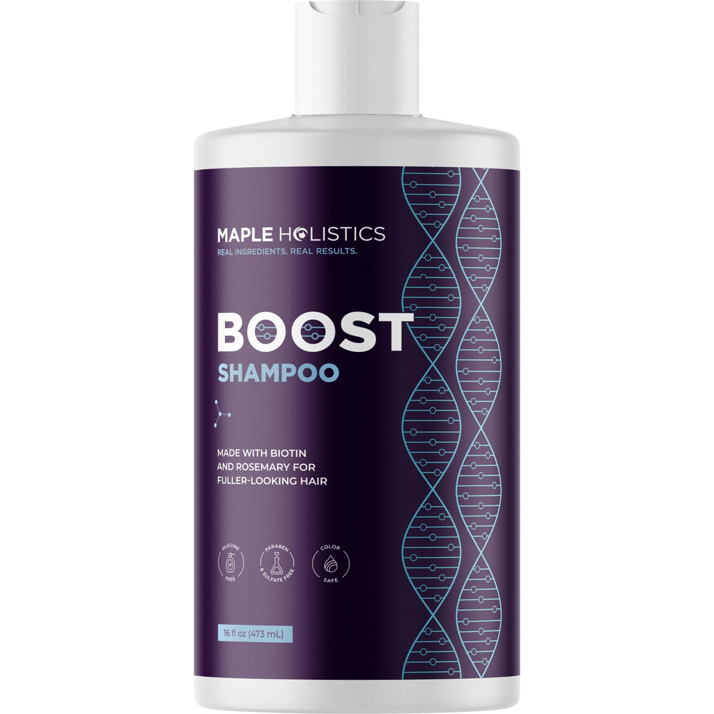 Maple Holistics Shampoing Biotin Romarin, flacon, cheveux volumineux et revitalisés.