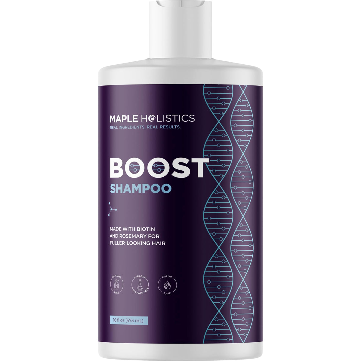 Maple Holistics Shampoing Biotin Romarin, flacon, cheveux volumineux et revitalisés.