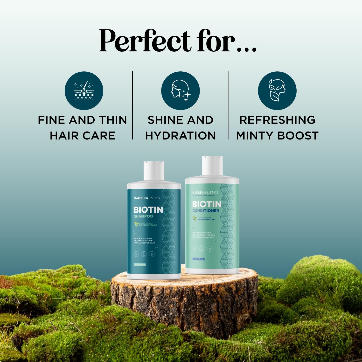 Maple Holistics biotin volumisant après-shampoing bouteille – démêle et nourrit pour cheveux plus épais.