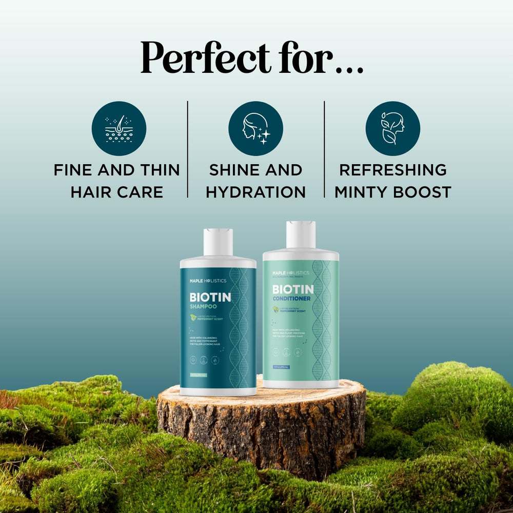 Maple Holistics biotin volumisant après-shampoing bouteille – démêle et nourrit pour cheveux plus épais.