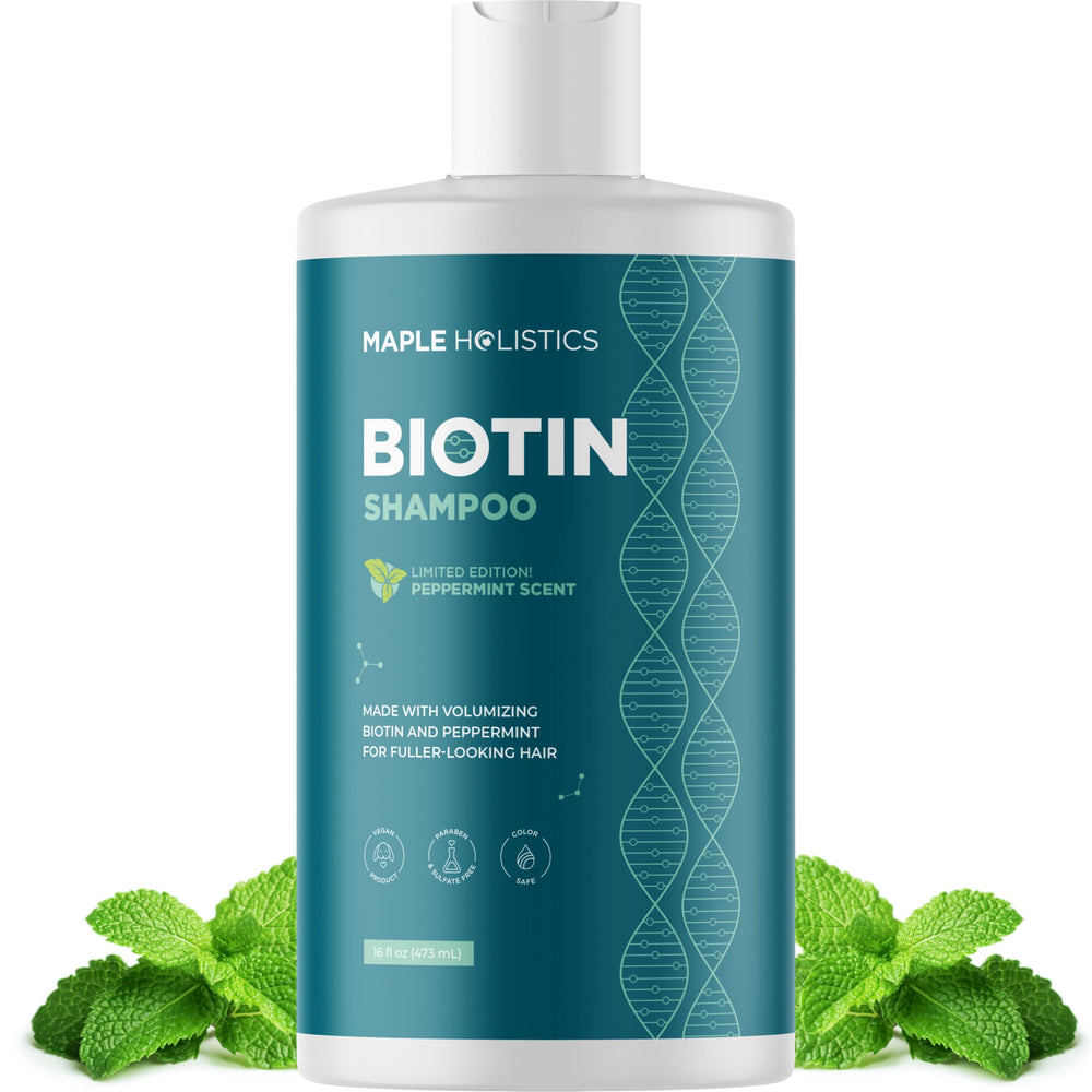 Shampoing Biotine Maple Holistics en bouteille Menthe pour fraîcheur et volume potentiels.