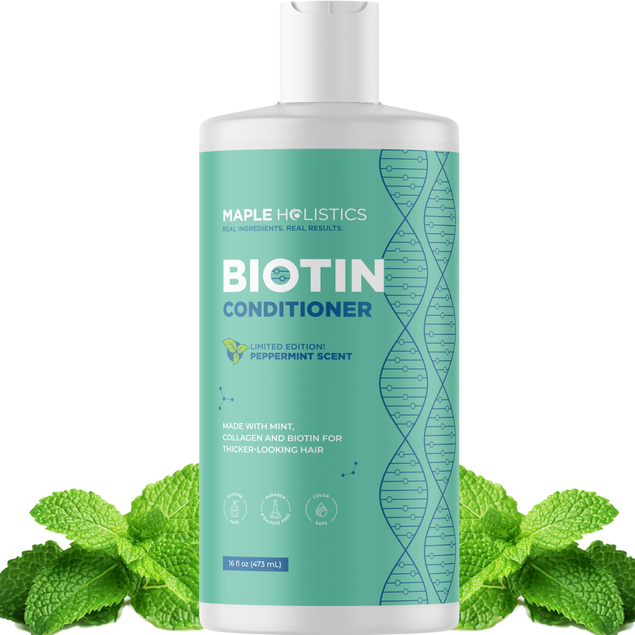 Maple Holistics conditionneur biotin volumisant sur bouteille pour cheveux fins.