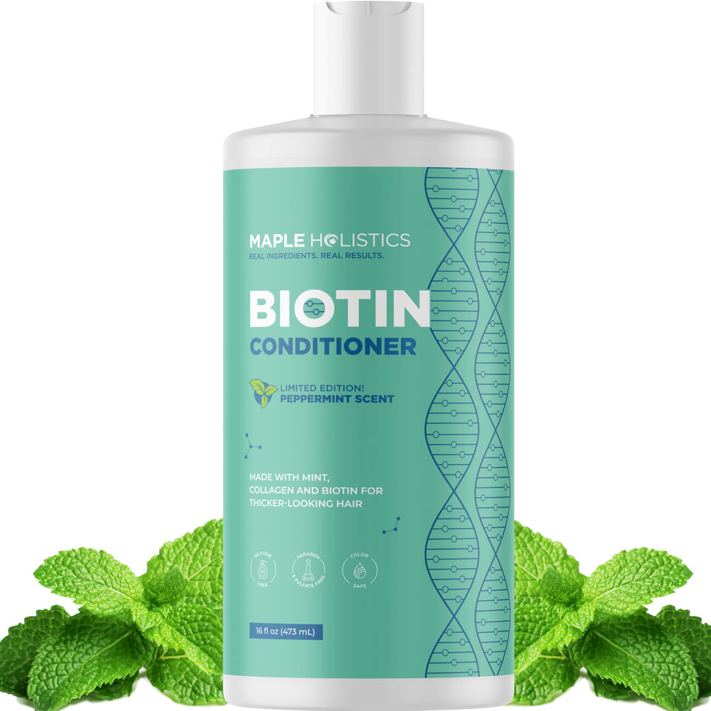 Maple Holistics conditionneur biotin volumisant sur bouteille pour cheveux fins.