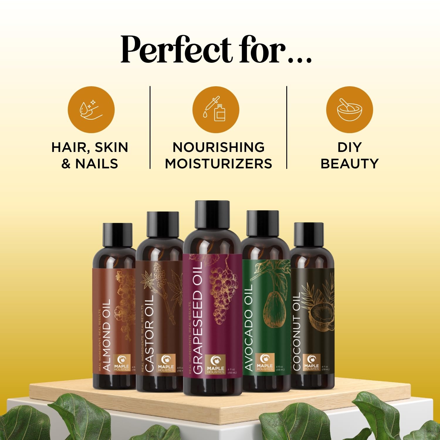 Maple Holistics huile coco fractionnée – flacon, hydratation légère pour peau et cheveux