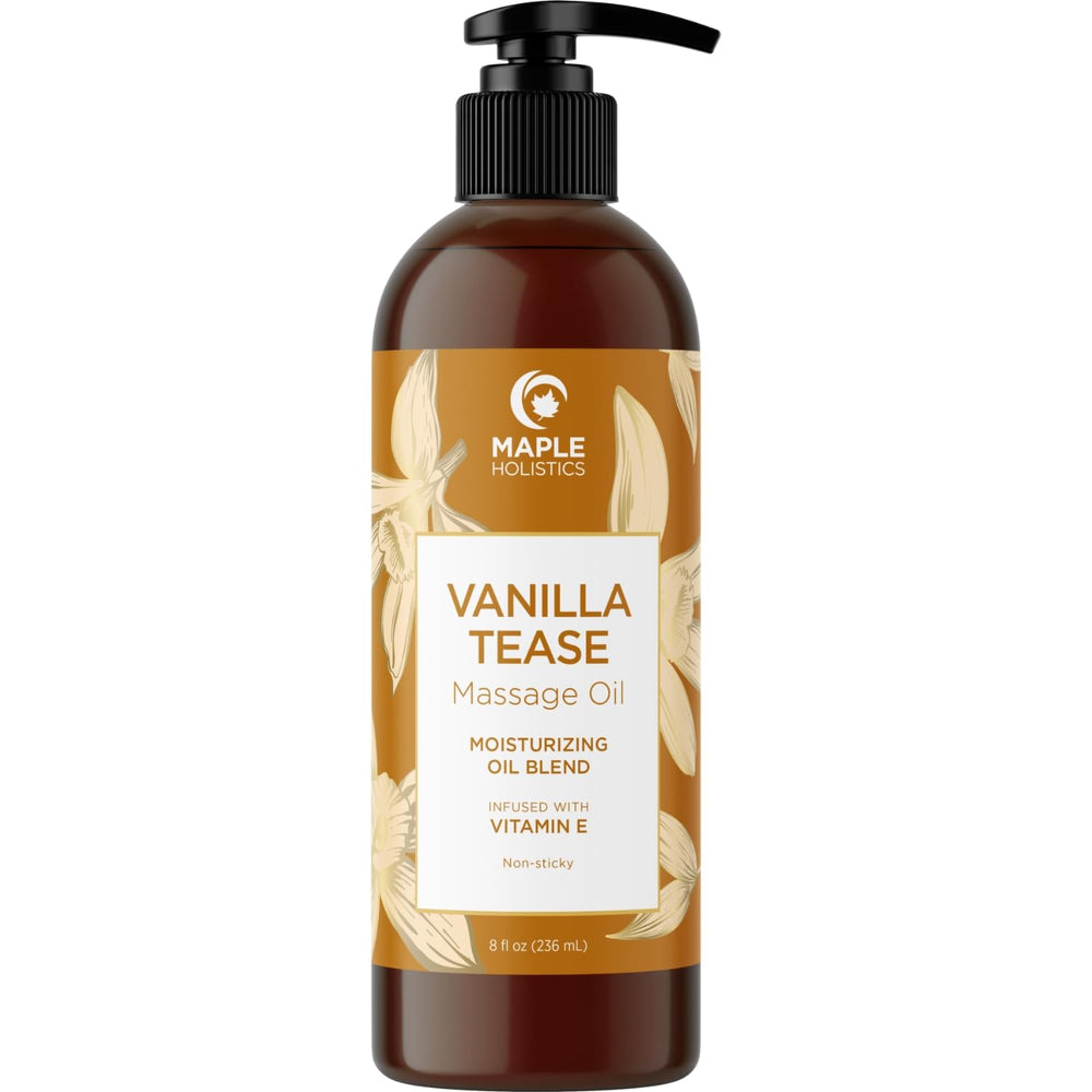 Maple Holistics huile vanille, bouteille, glisse douce pour massage à deux.