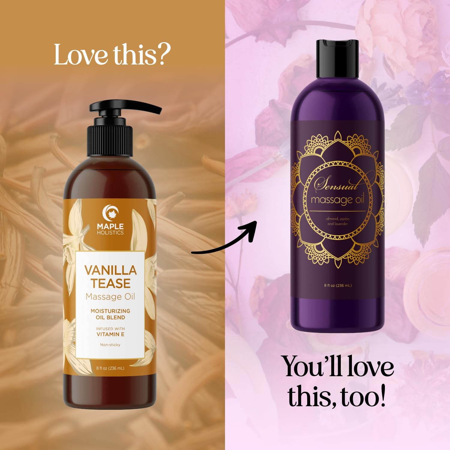 Maple Holistics huile vanille, application douce pour moments intimes à domicile.
