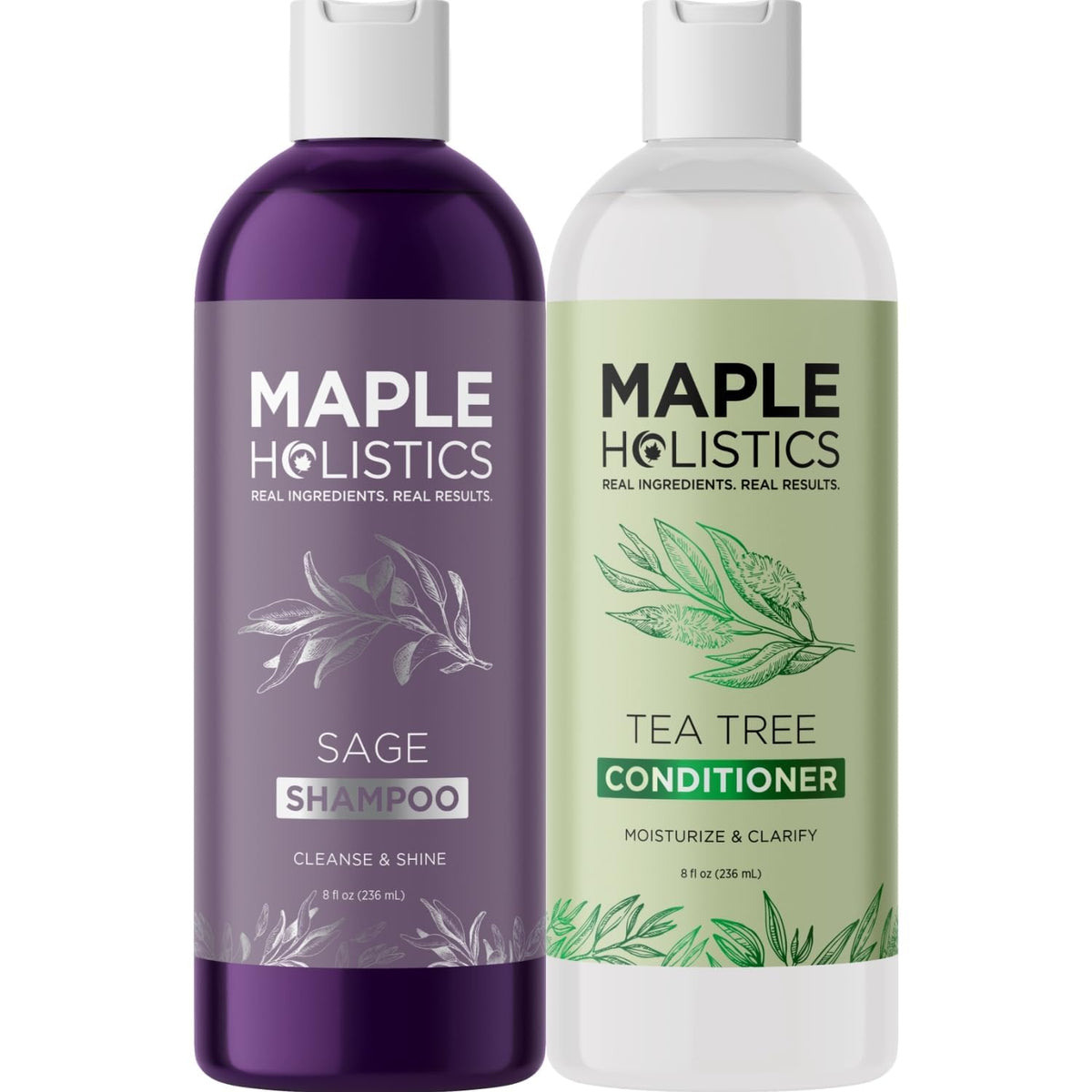 Maple Holistics Shampoing arbre à thé sauge romarin, bouteille idéale pour un soin capillaire rafraîchissant.