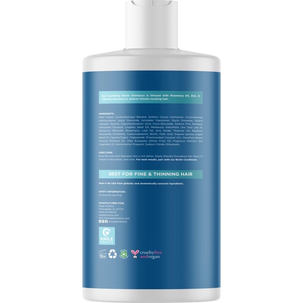 Maple Holistics Shampoing romarin et biotine – rinçage doux sans résidu.